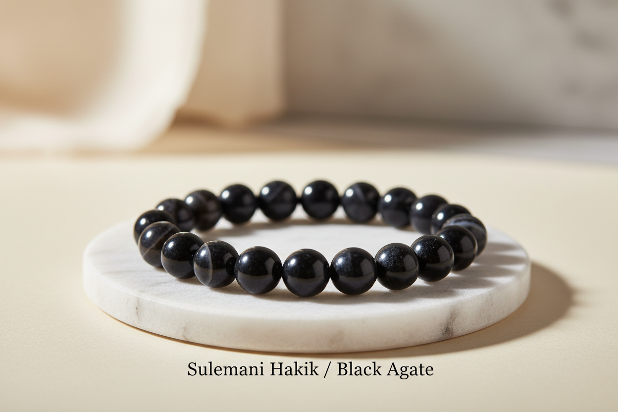Sulemani Hakik / Black agate single bracelet 8mm round beads on marble flat stand in the middle with holistic soft background with  written