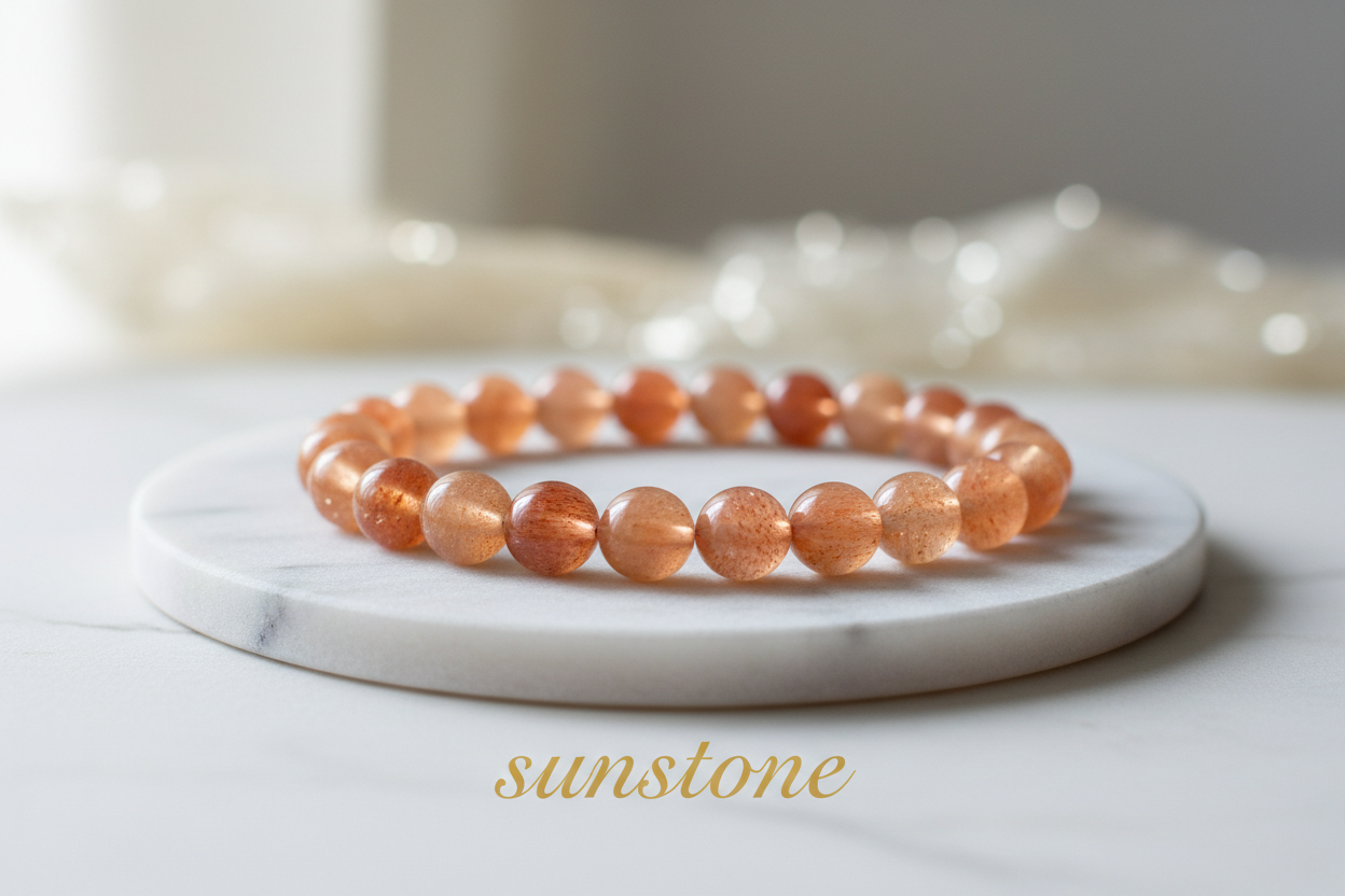 Sunstone one bracelet 8mm round beads on marble flat stand in the middle with holistic soft background with sunstone written