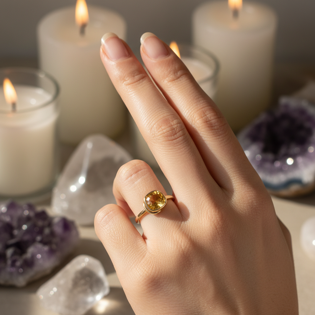 Yellow Sapphire Ring on Index Finger